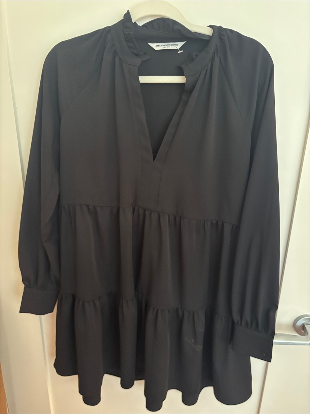 Amanda Uprichard Black Tiered Ruffle V-Neck Dress